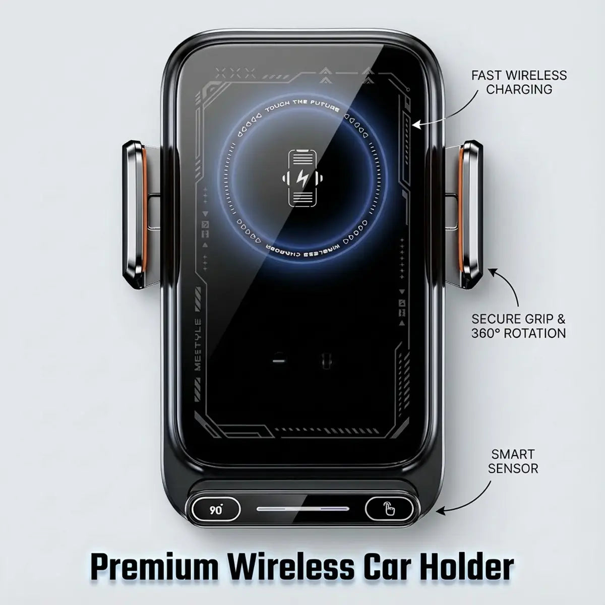 Black and copper-accented meestyle premium wireless car phone charger 15w mount with a sleek futuristic design and fast charging technology