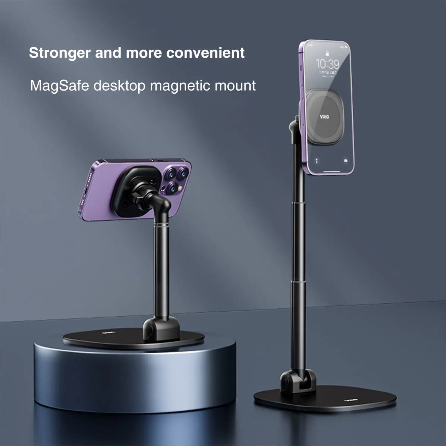 Schwarze MagSafe-Desktop-Magnethalterung mit verstellbarer Höhe und stabilem Sockel für eine kabellose Aufladung am Handyhalter