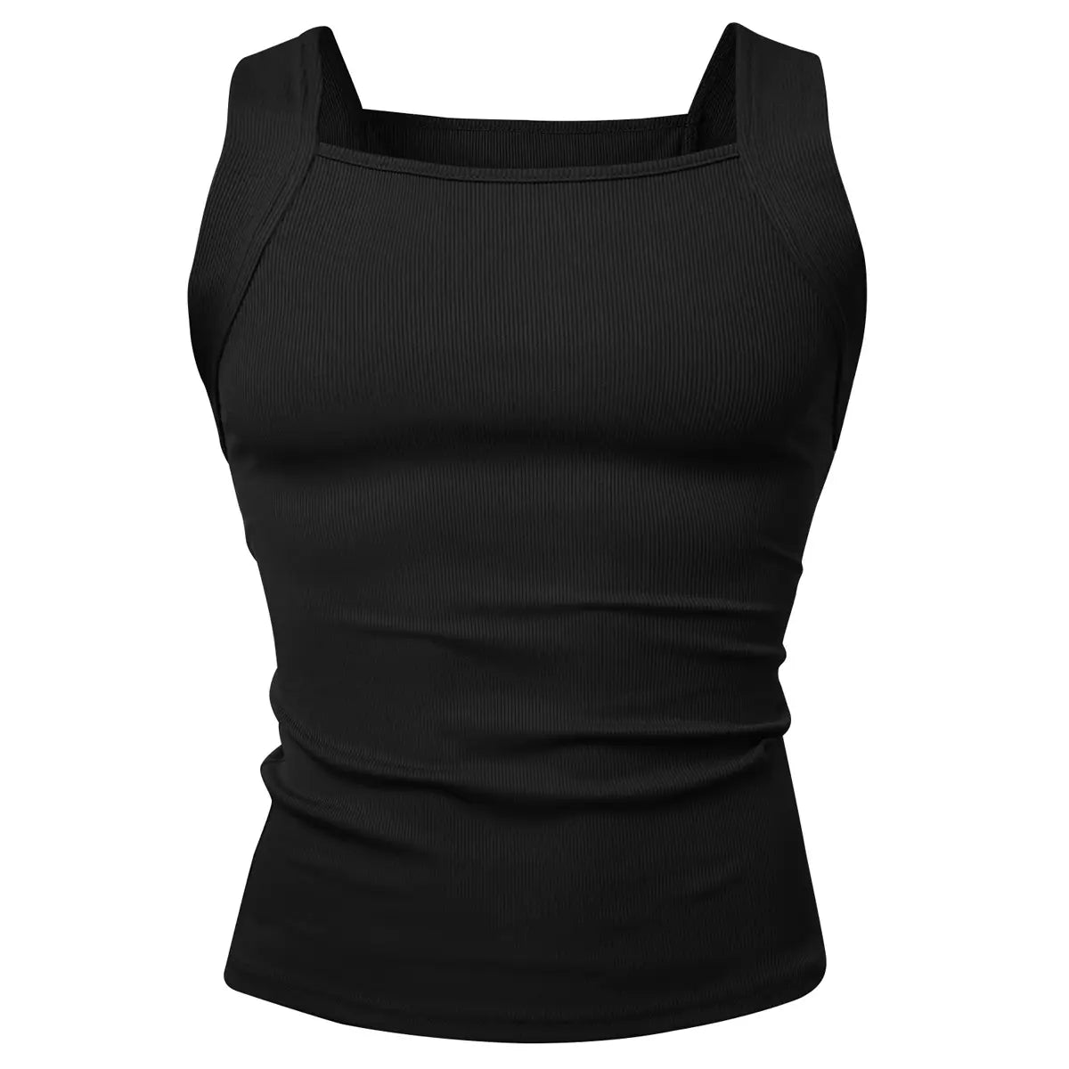 Men’s black ribbed tank top featuring a square neckline and fitted silhouette made from stretchy material for casual wear.