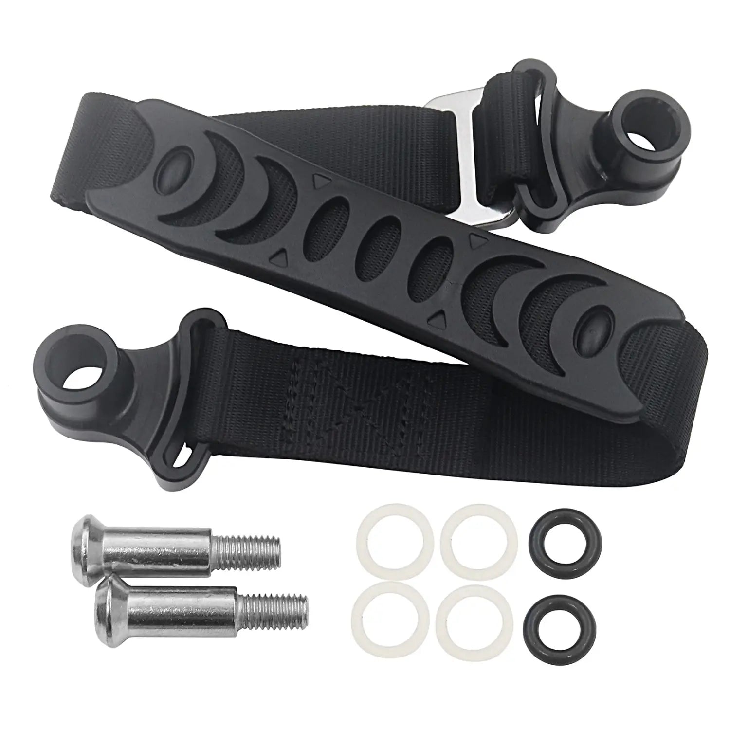 schwarzes Kunststoff- und Stoff-Dirtbike-Abschleppgurt-Set mit geformtem Mondphasen-Design am Gurtband für Vorder- und Rückholriemen.