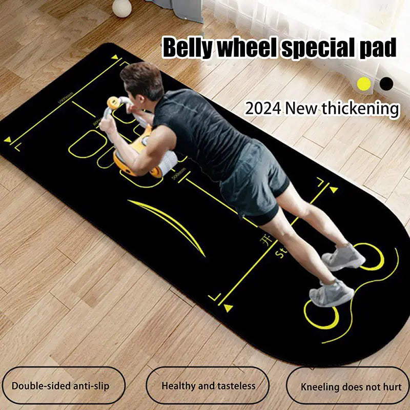 black abdominal wheel mat with yellow instructional markings made of non slip tpe material designed for fitness use