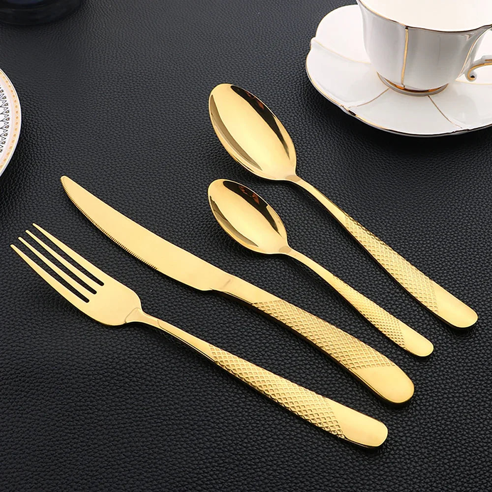 16PCS Dinnerware Stainless Steel - Black Cutlery Set, Mirror Polished, Dishwasher Safe, Includes Knives, Forks & Spoons