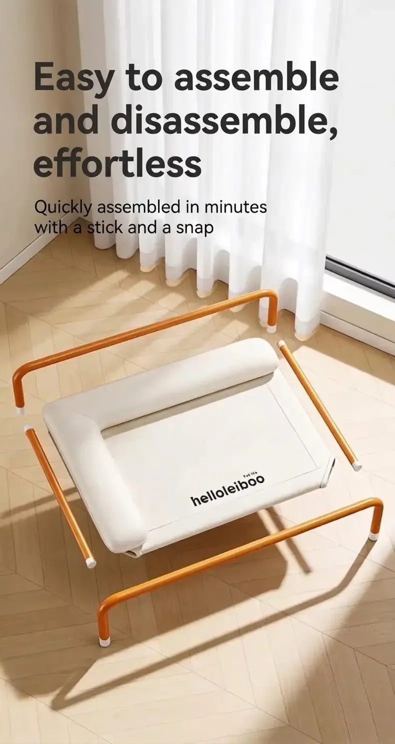 Orange metal frame elevated dog bed with white cushioned seat and backrest branded helloleiboo featuring a white mesh raised pet cot design.