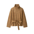 Women's Suede-Look Jacket, Loose Long Sleeve Belted Coat, Casual Commuter Autumn and Winter Jacket