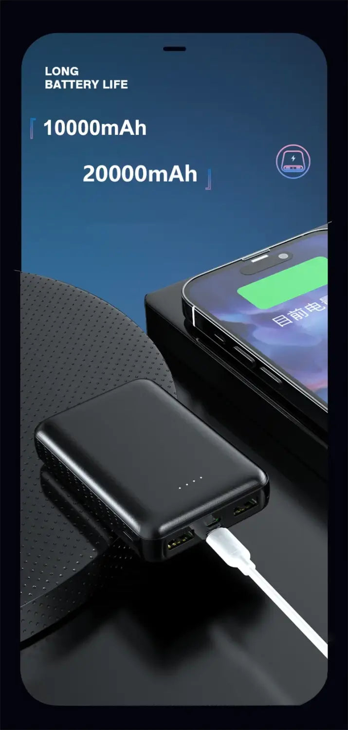 black rectangular power bank with multiple usb ports and led indicator lights designed for charging devices and air conditioning clothing such as heated vests with a 20000mah capacity.