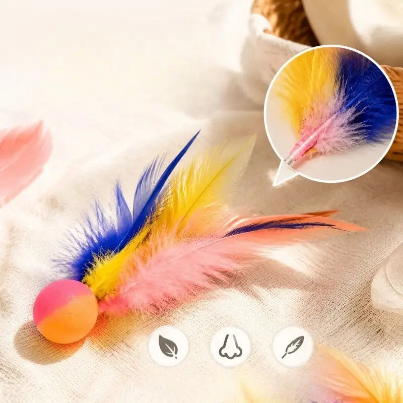 jouet à balle interactive à plumes multicolores et éclatantes avec une base en boule rose et orange, conçu pour des chats joueurs.