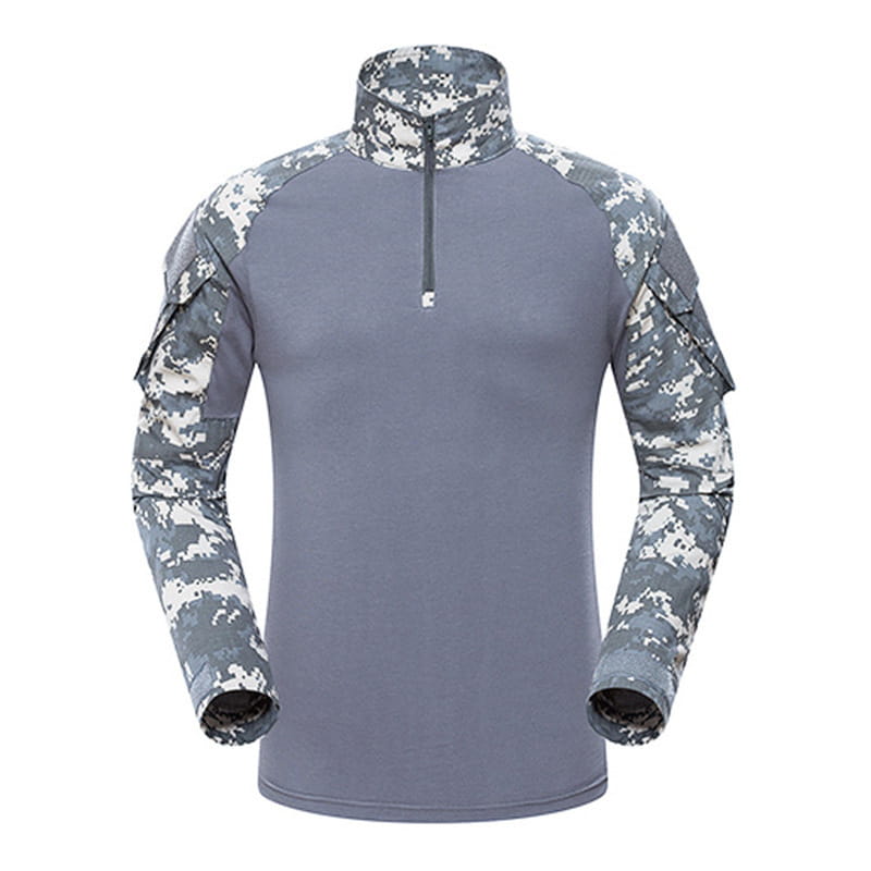 Men tactical camouflage long sleeve hiking shirt featuring gray and white digital camouflage pattern with a half-zip collar and breathable fabric.