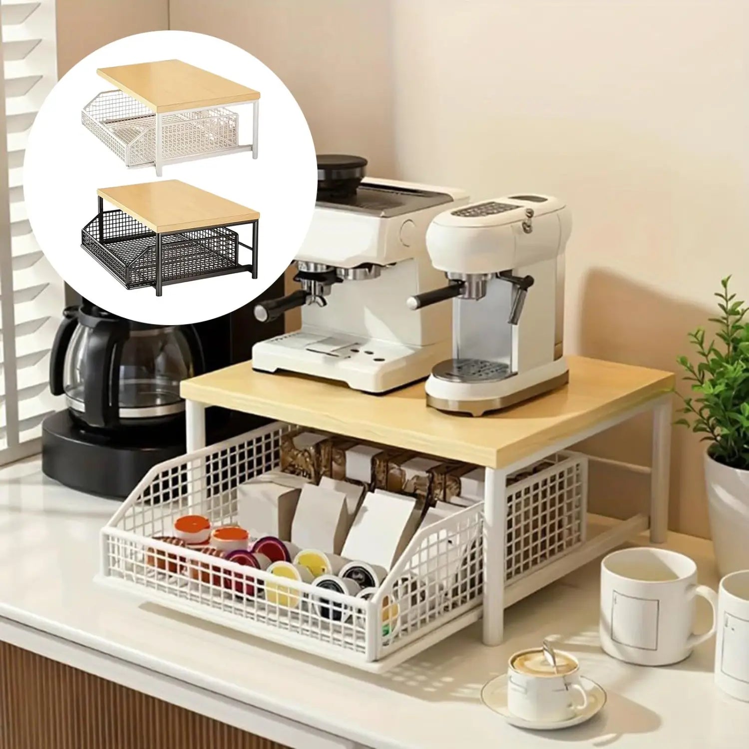 Kitchen countertop organizer shelf with light wood top white metal frame and wire mesh drawers holding coffee pods.