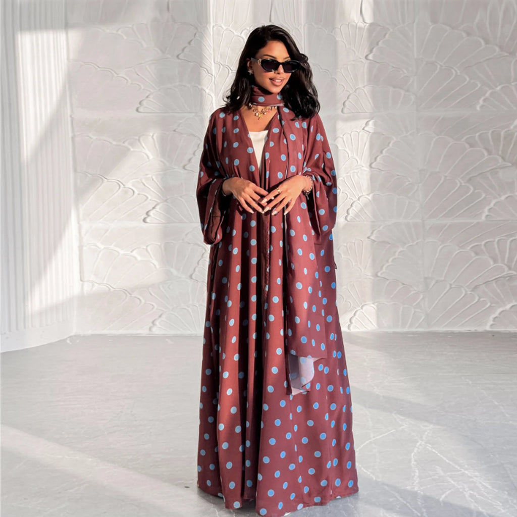 Two Piece  Polka Dot Muslim Outfit Set for Women Elegant Dubai Hijab Abaya Dress Islam Holiday Outwear Turkey Modest Kaftan Robe