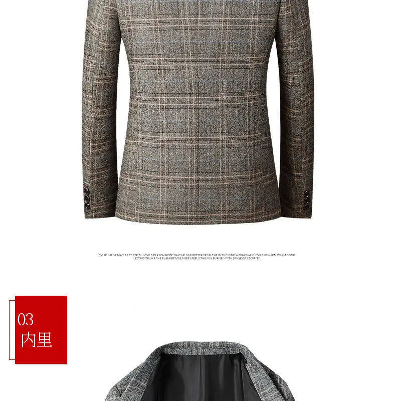 Un blazer de lana con mezcla de cuadros grises para hombre, estilo casual de negocios, entallado, con un patrón clásico de cuadros grises y beige, elaborado con tejido texturizado de mezcla de lana.