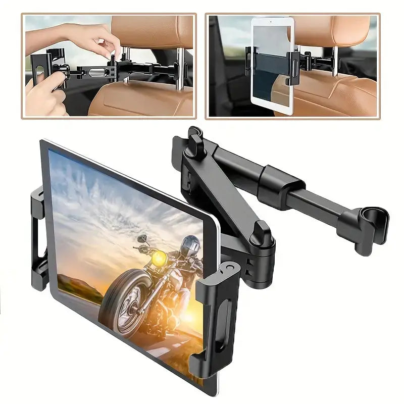 Soporte para tableta en el asiento del automóvil ajustable negro con brazos articulados y agarres tipo abrazadera para dispositivos de 4.7 a 12.9 pulgadas, mostrado desde la cara posterior.
