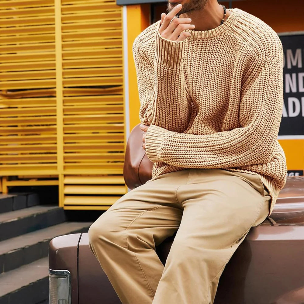 2026 Men Pullovers Sweaters Knitted Tops Casual Loose Round Neck Full Sleeve Regular Solid Knit Sweater Top Splice Autumn Winter