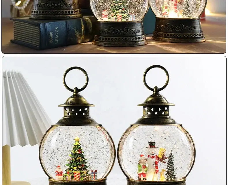 Antique brass lantern-style Christmas lantern snow globe music box featuring a festive Christmas tree and miniature figures inside.
