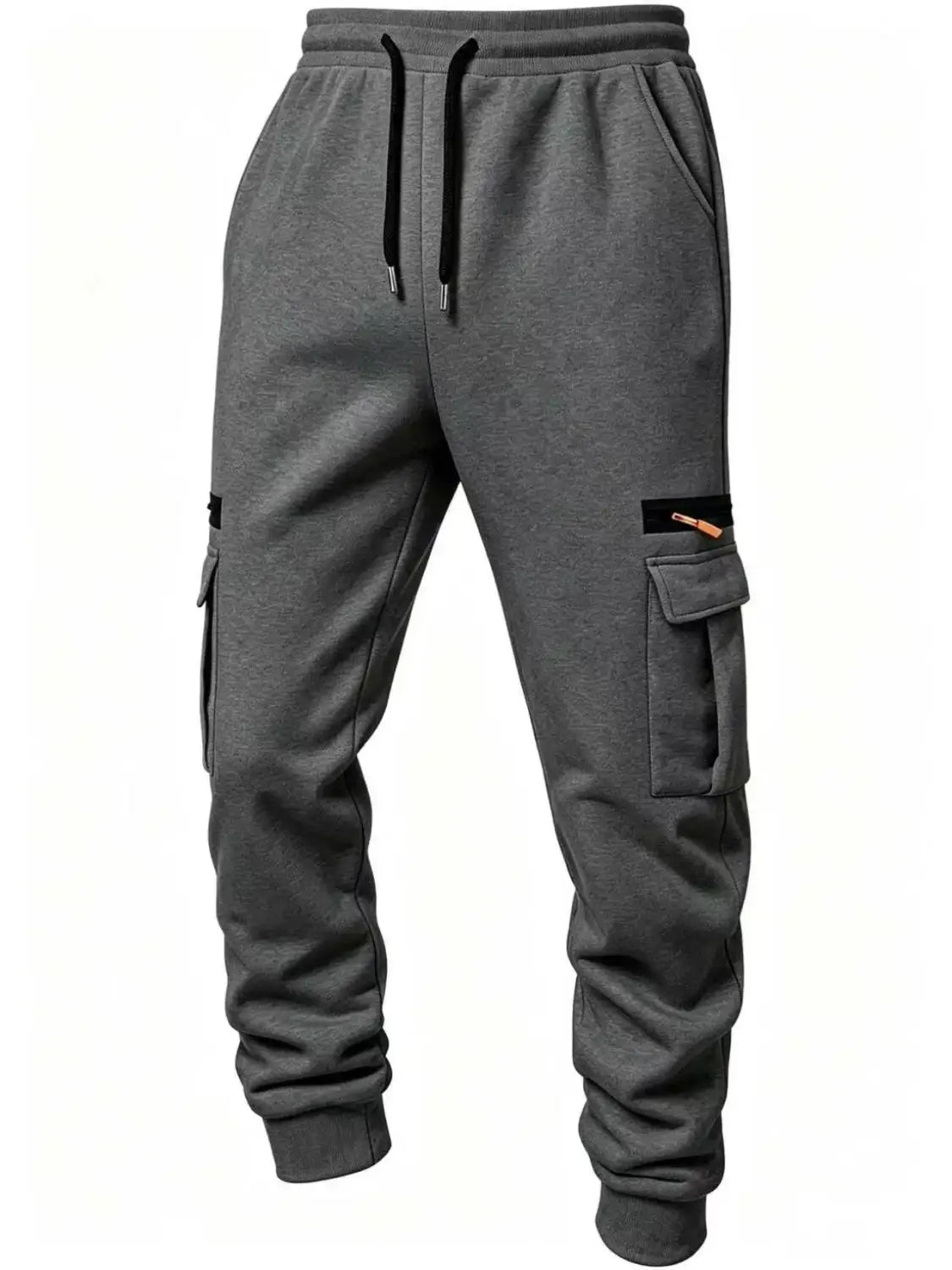 Joggers cargo gris chiné décontractés, amples, droits et bouffants d’hiver pour hommes, avec des cordons de serrage noirs et des poches latérales.