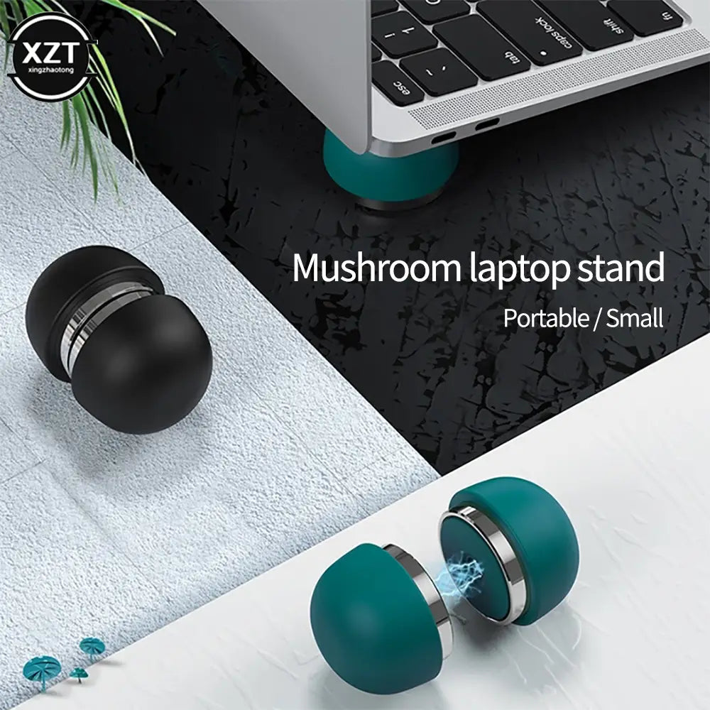 Teal- und silberfarbenes klappbares Mini-Laptop-Ständer-Design in Pilzform mit elegantem, tragbarem Kühlerhalter für ergonomische Verwendung.