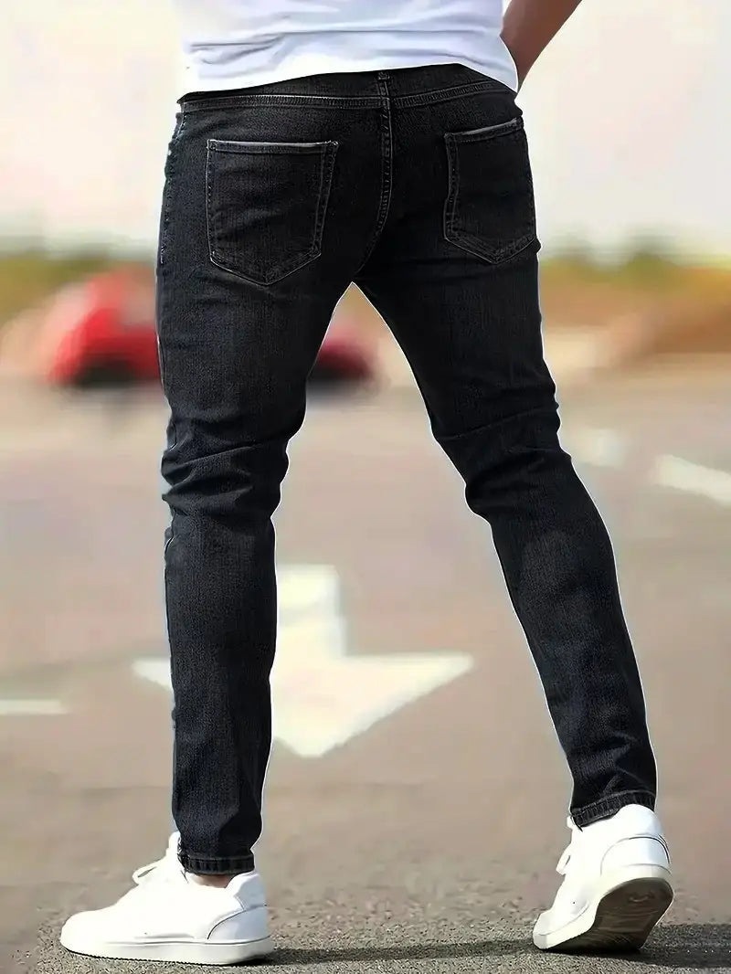 Men distressed skinny jeans vintage slim fit black denim pants with a classic five-pocket design.
