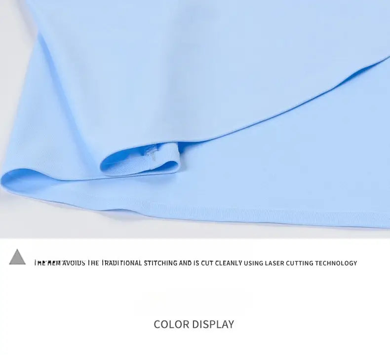 Men’s slim fit nylon formal dress shirt in light blue fabric with clean laser-cut edges and no traditional stitching.