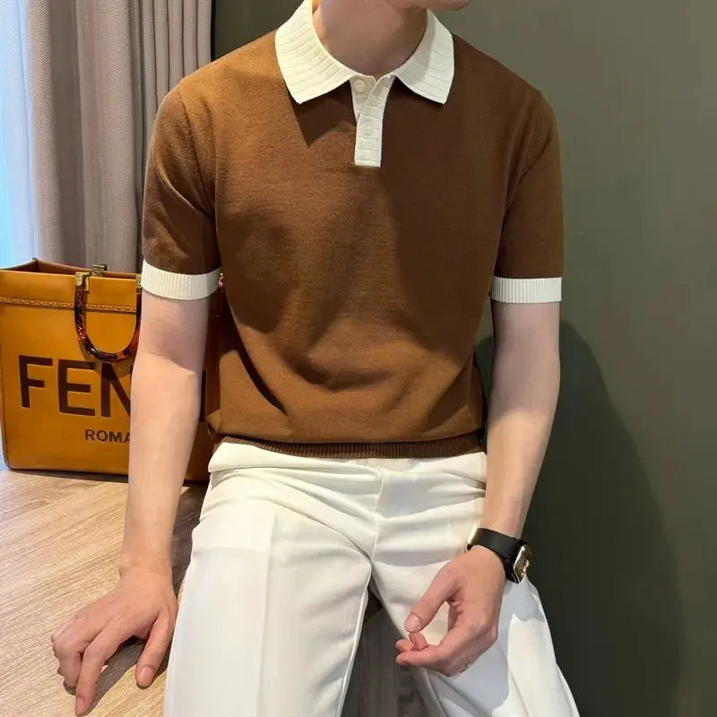Casual Versatile Short Sleeve Knitted  Shirt Men's Fashion Urban Style Breathable Light Weight Summer Color Block Collar Tee