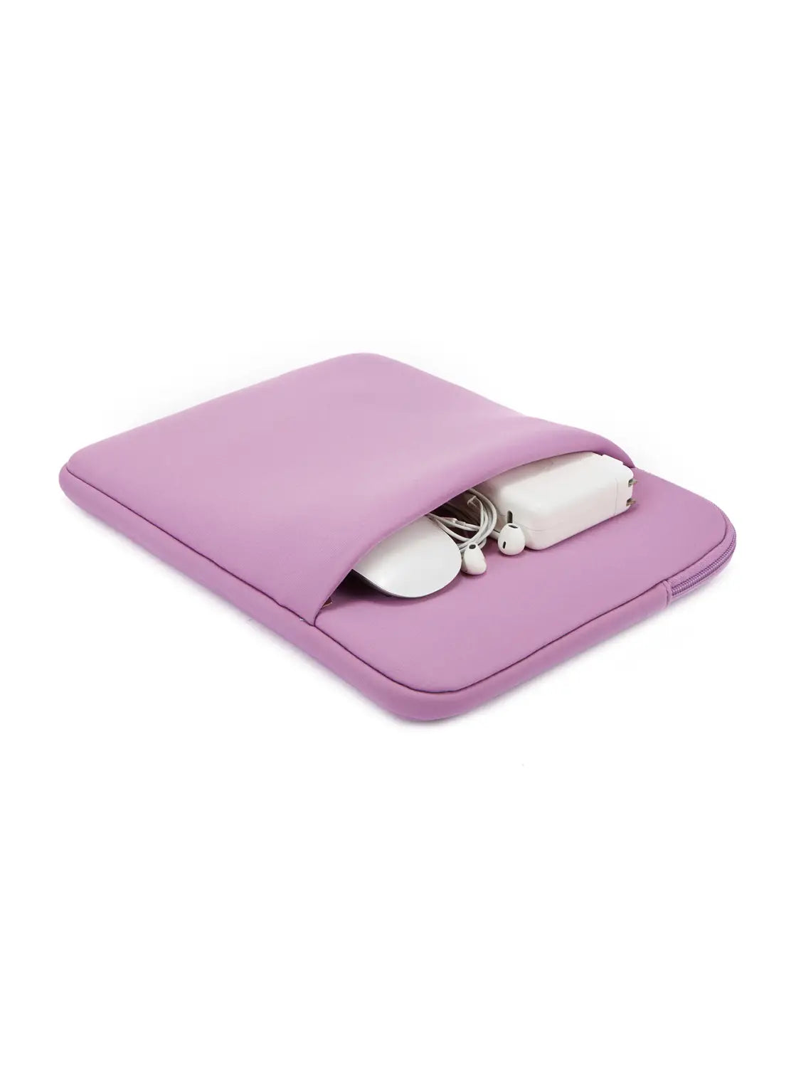 Eine weiche fliederfarbene multifunktionale Neopren-Laptoptasche mit Reißverschlussverschluss, ausgelegt zum Schutz und zur Organisation von Tech-Zubehör für Laptops von 11 bis 17 Zoll.