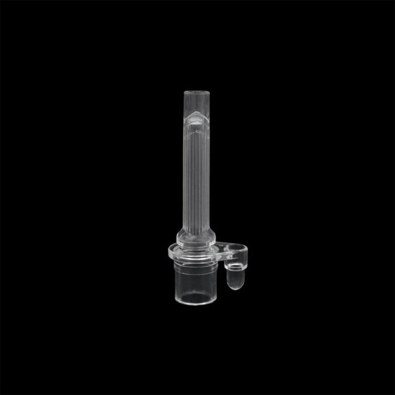 Clear glass medical syringe adapter with ribbed barrel and side port as a silicone sippy cup straw replacement bottle accessory.