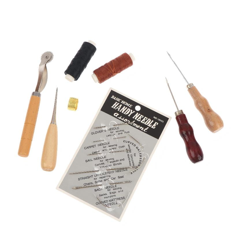 basic home handy needle assortment package showing sewing needles, colorful thread spools, and tools for leather sewing diy craft and repair kit.