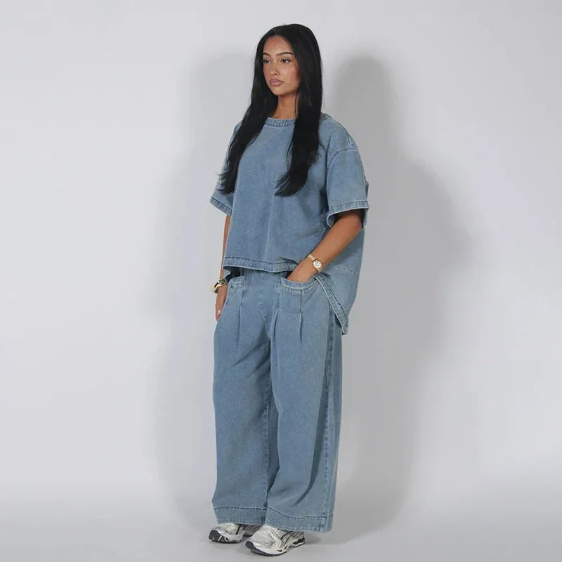 Casual Denim Blouse Trousers Suit Women Blue Half Sleeve O-Neck Top Pleated Tops Wide Leg Pants Set Female Autumn Chic Lady Sets