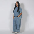 Casual Denim Blouse Trousers Suit Women Blue Half Sleeve O-Neck Top Pleated Tops Wide Leg Pants Set Female Autumn Chic Lady Sets