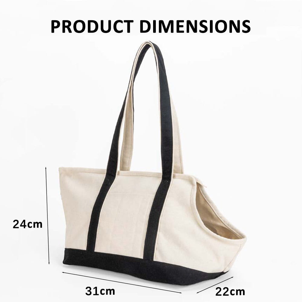 Sac de transport pour animaux de compagnie portable en toile beige avec bordure et poignées noires, conçu pour un usage en magasin professionnel ou en extérieur.