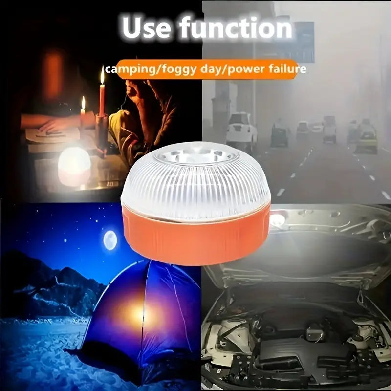 Orange and white circular magnetic led car emergency strobe light beacon with a ribbed translucent dome.