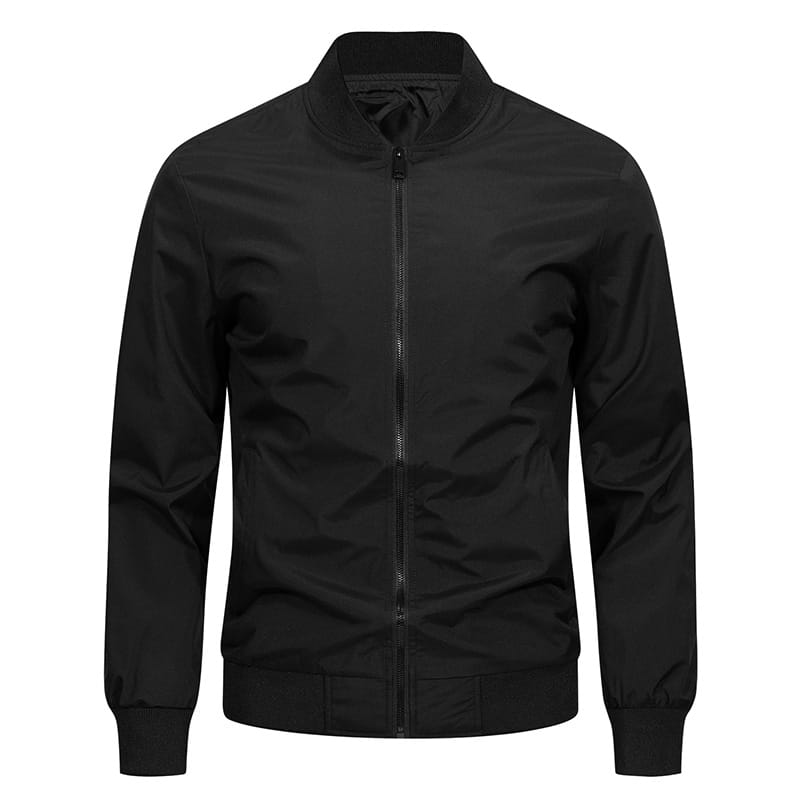 Black waterproof hiking jacket for men with a sleek minimalist design and smooth fabric windbreaker perfect for autumn hiking.