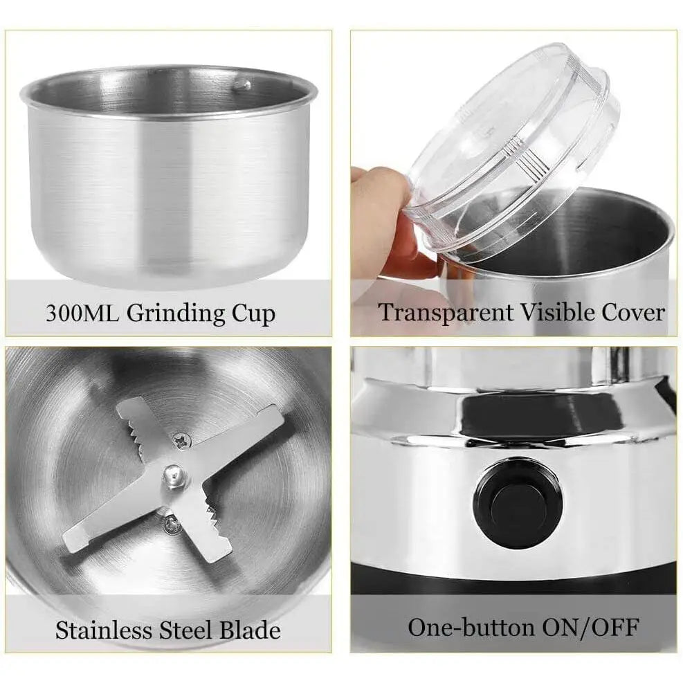 Electric coffee and spice grinder blade mill with a stainless steel 300ml grinding cup, transparent visible cover, and one-button on/off control.