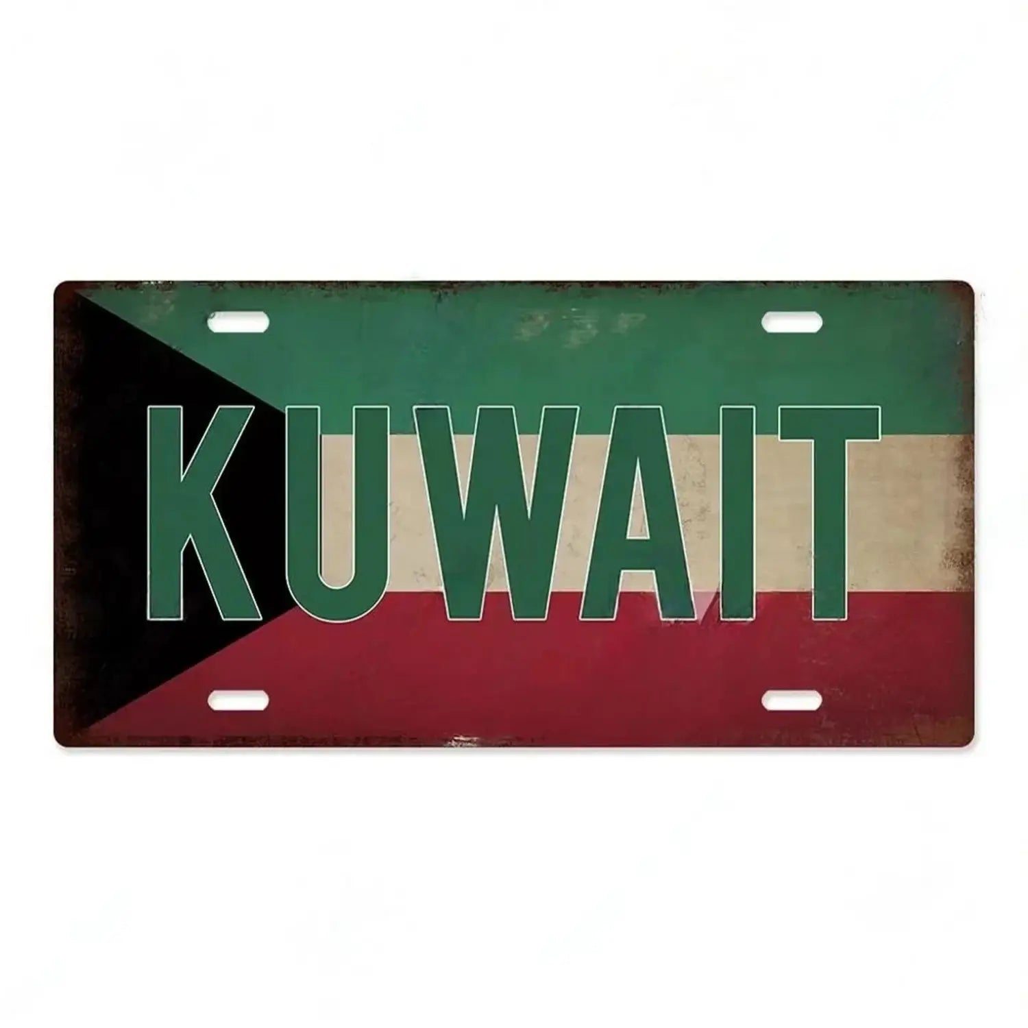 Rustic metal license plate featuring the Kuwait flag with green white and red horizontal stripes and a black triangle on the left for vintage wall decor.