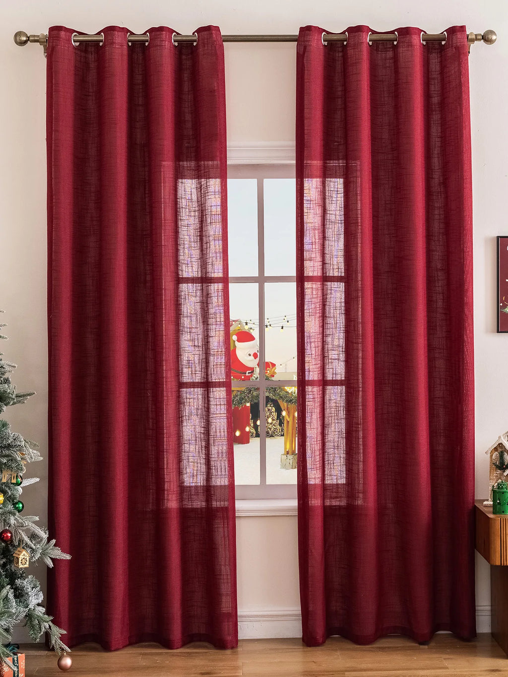 Red Linen Curtains for Living Room Semi Sheer Window Drapes Textured with Grommet for Privacy Christmas Bedroom Decor