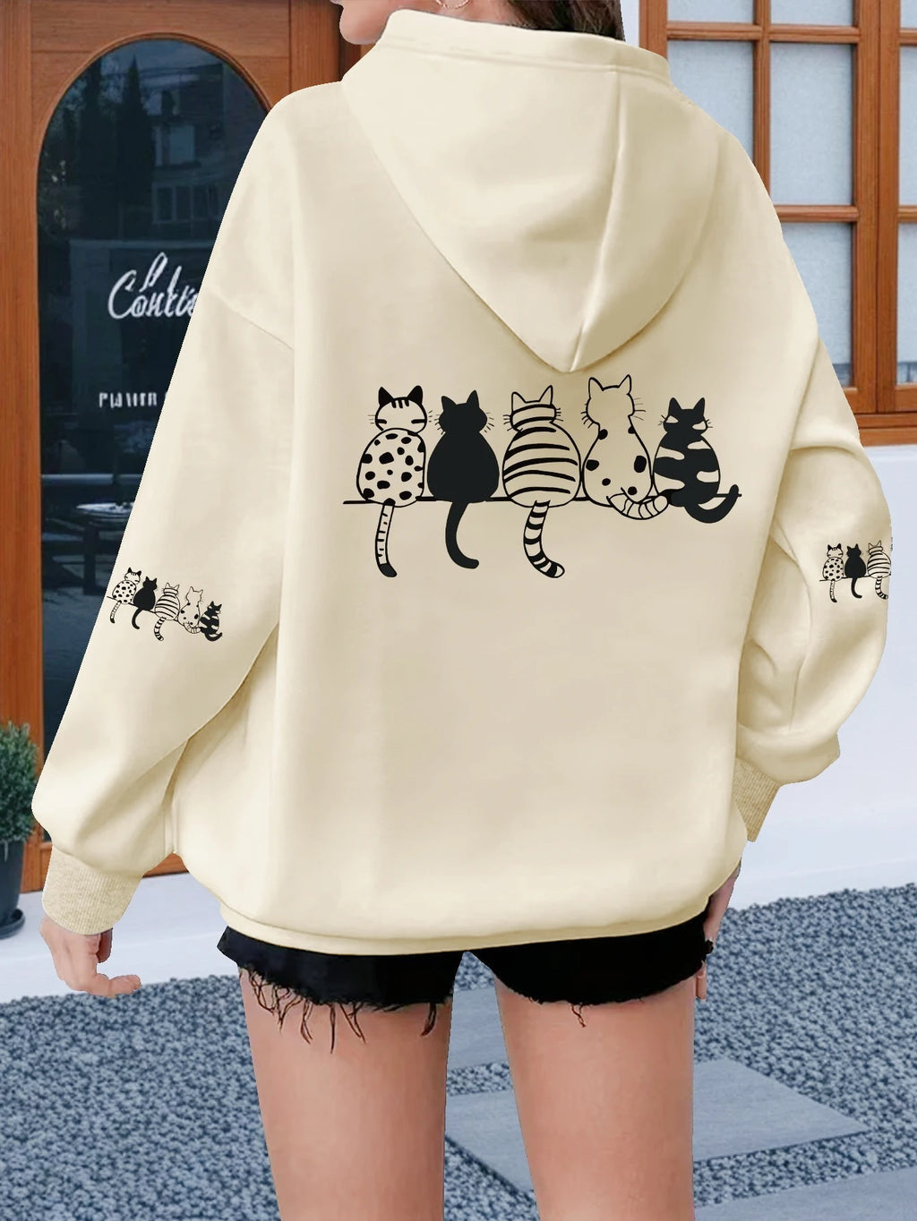 Women Loose Hooded Sweatshirt Cute Sitting Cat Group Back Sleeve Graphic Print Soft Warm Pet Lover Street Daily Casual Hoodie