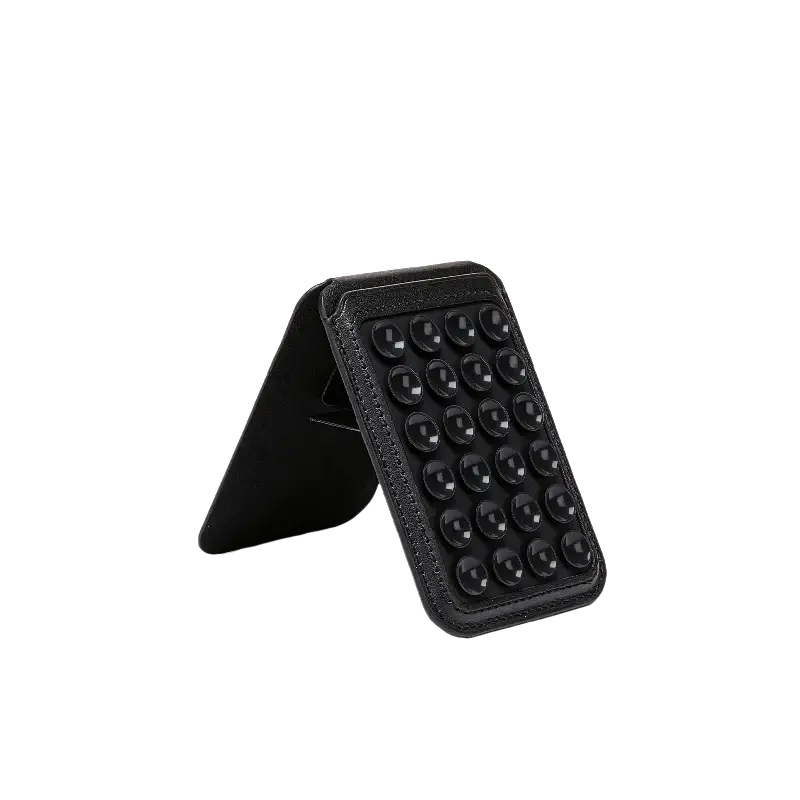 Black leather foldable phone stand with glossy black suction cups for magsafe magnetic card holder use