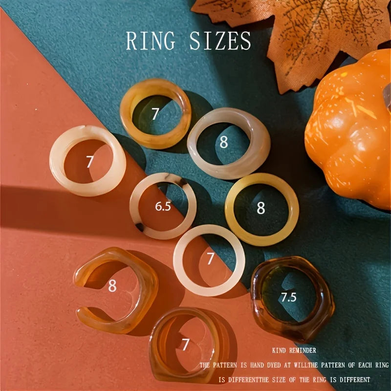 9-piece Bohemian retro style resin material multi-color ring, fashionable and elegant for women, can be stacked and worn