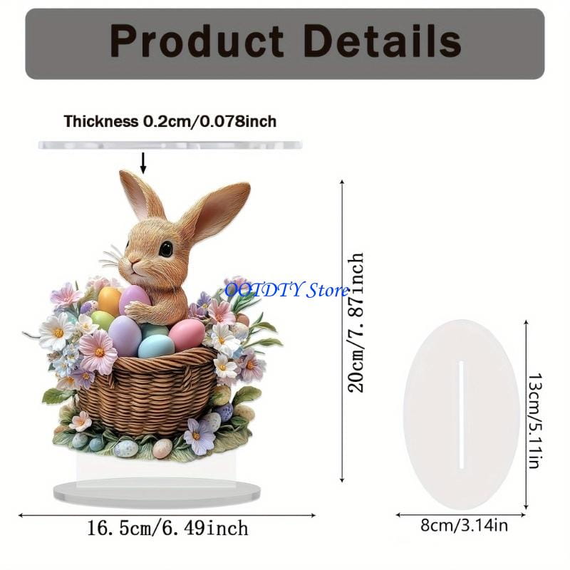 Una estatuilla detallada de conejito de resina color marrón, sentada en una cesta de mimbre tejida llena de huevos de Pascua de colores y flores delicadas, como centro de mesa primaveral de acrílico.