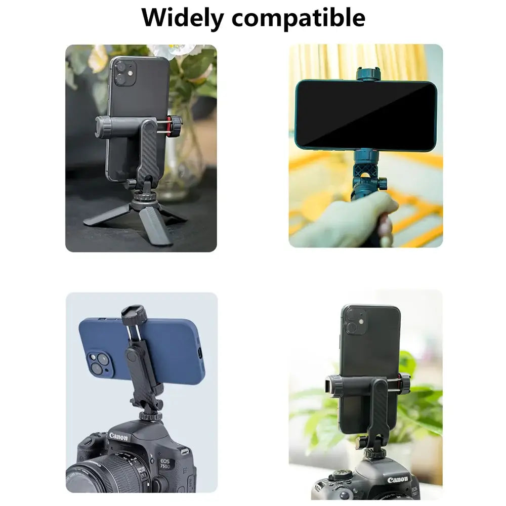 Black and blue adjustable phone and camera tripod mount with carbon fiber texture finish featuring 360 rotating dual cold shoe.