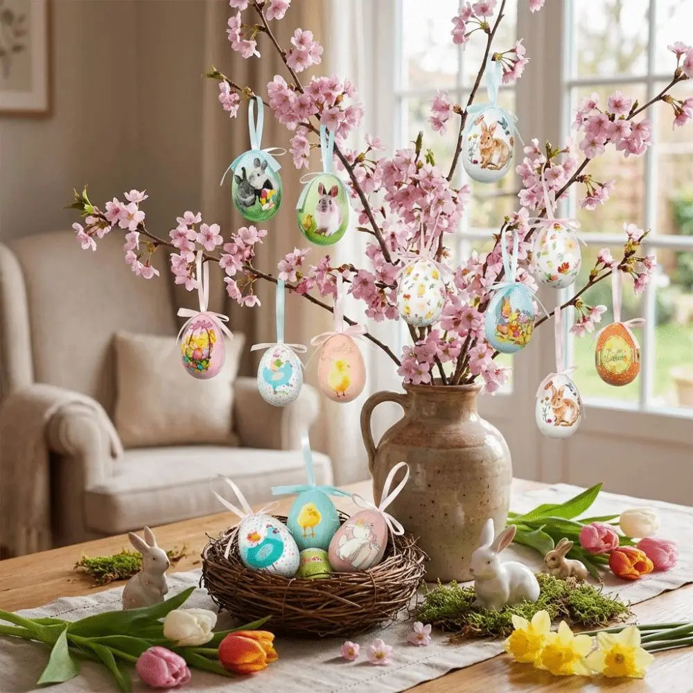 ein dekorativer Oster-Ei-Baum mit Zweigen, die mit rosafarbenen Blüten geschmückt sind, und hängenden bemalten Schaumstoff-DIY-Eiern mit Motiven von Hasen, Küken und floralen Designs als Aufhängeornamente