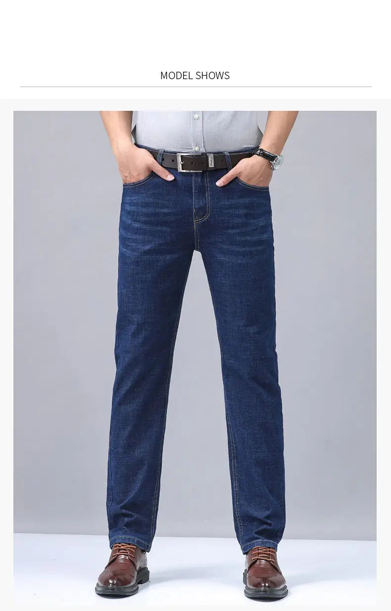 men’s dark blue stretch cotton straight jeans with a casual trousers design and classic stitching.