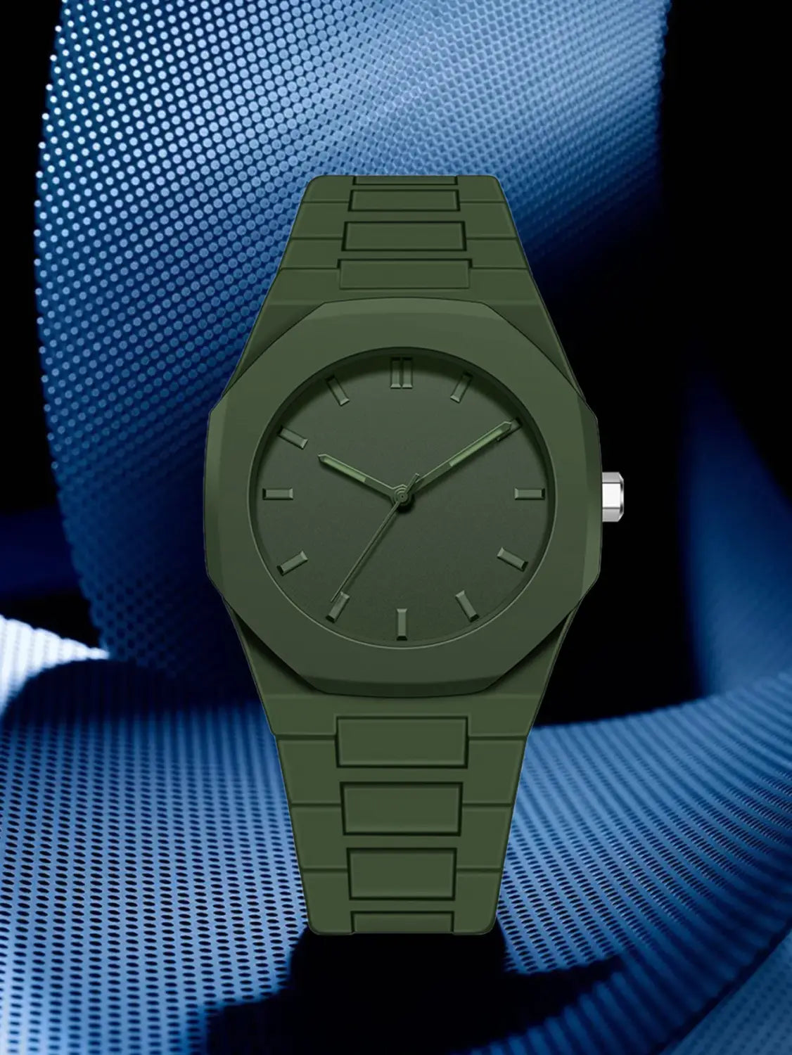 Olivgrüne achteckige Herrenarmbanduhr Tomi im minimalistischen Design aus weißer Keramik mit passendem Metallgliederarmband und einem minimalistischen Zifferblatt