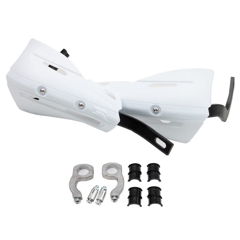 White universal dirt bike hand guards with black mounting brackets and hardware shown from the back side