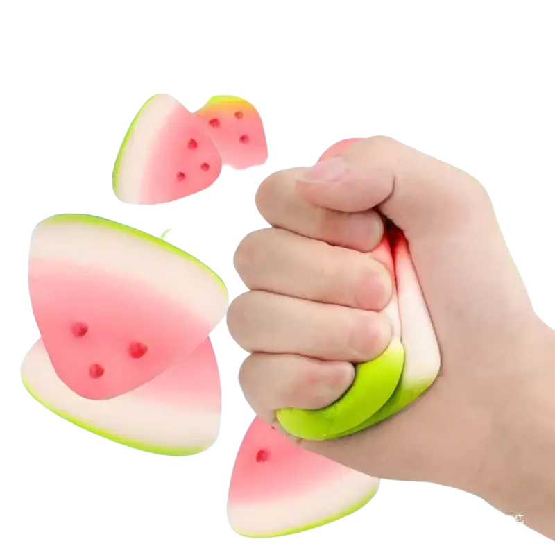 A soft pink and green watermelon-shaped slow rising squishy stress relief fidget toy shown from the front angle
