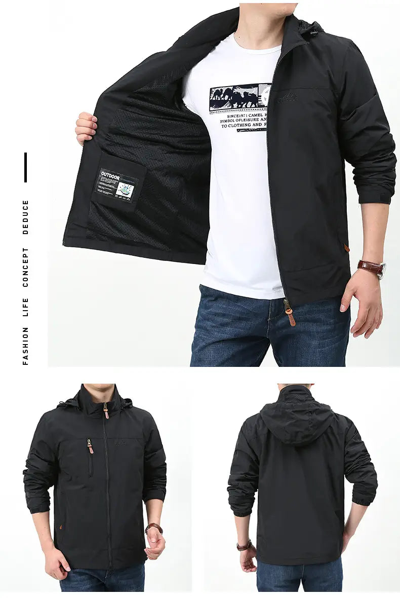 chaqueta cortavientos impermeable negra ligera con capucha para hombre con cierre frontal mediante cremallera, marca sutil en el bolsillo interior y detalles en las mangas, diseñada para hombres de Naturehike.