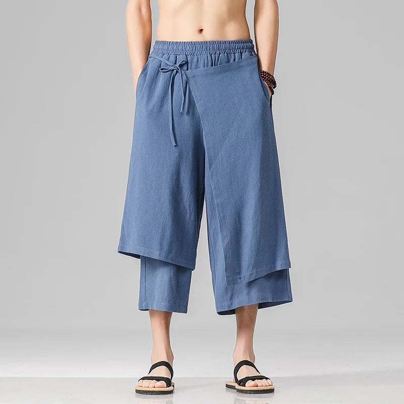 Men Casual Withe Wide Leg Pants Mens Irregular Cotton  Linen Harem Pants Male Solid  Vintage Skirts Trousers M-5XL