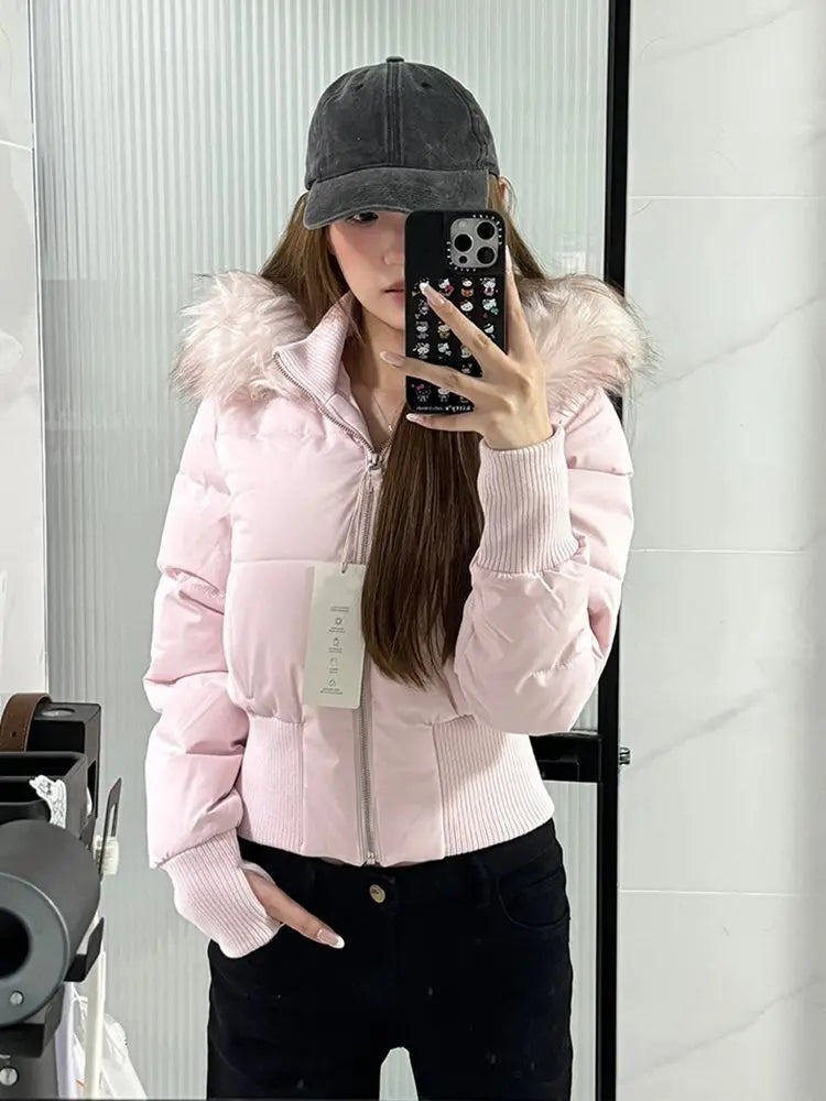 Autumn & Winter High-Waisted Cropped Jacket Sweet Warm Cotton Padded Coat Women Fur Collar Hooded Jacket Y2k Parkas Streetwear