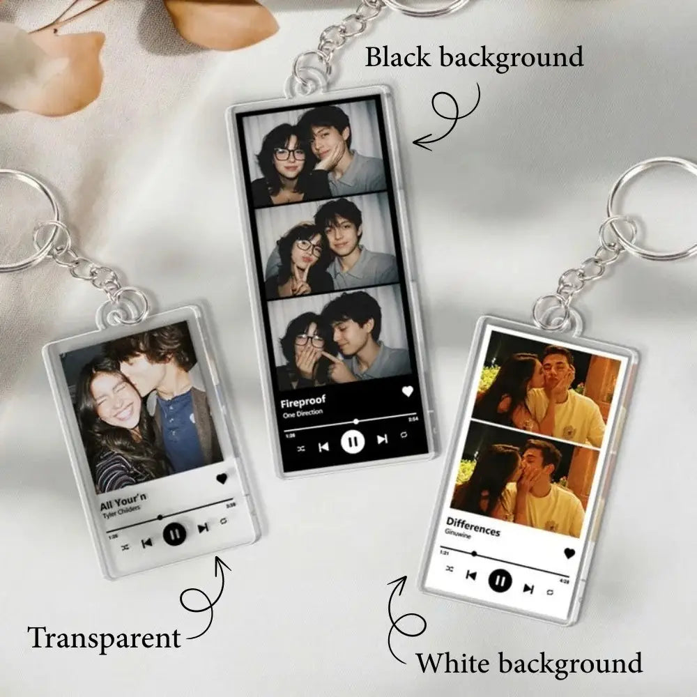 Personalized rectangular custom Spotify music player keychain acrylic keyring featuring photo designs on transparent and white backgrounds.