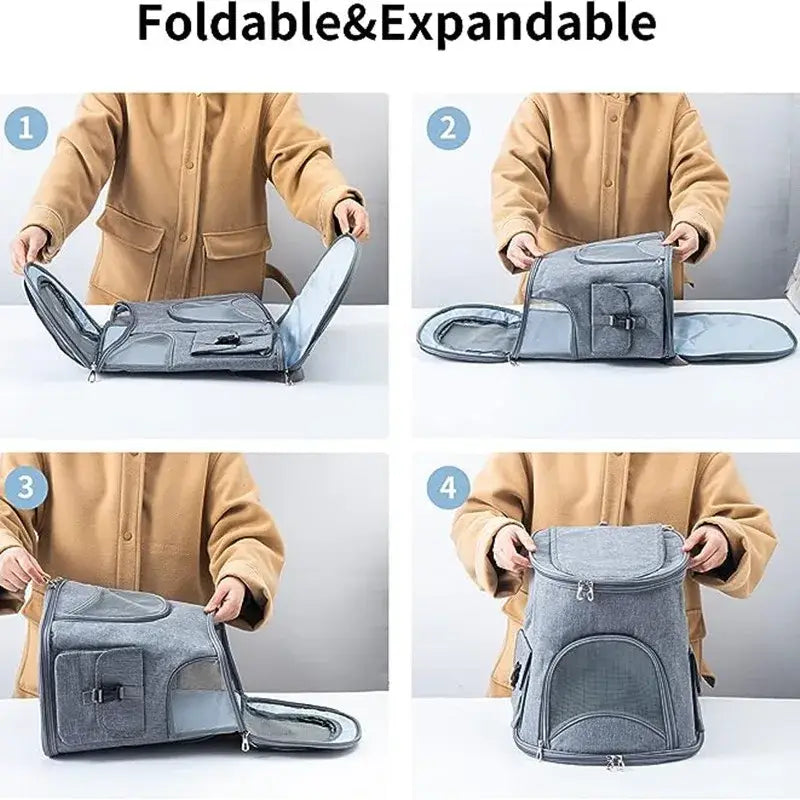 Mochila de viaje para mascotas de tela Oxford plegable y extensible color gris, con paneles de malla, cremalleras y bolsillo frontal, diseñada para caminatas y suministros para mascotas.
