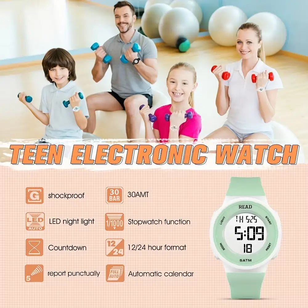 Mint green silicone strap women digital led watch with white digital face and multiple function buttons designed as a waterproof silicone sport timepiece.