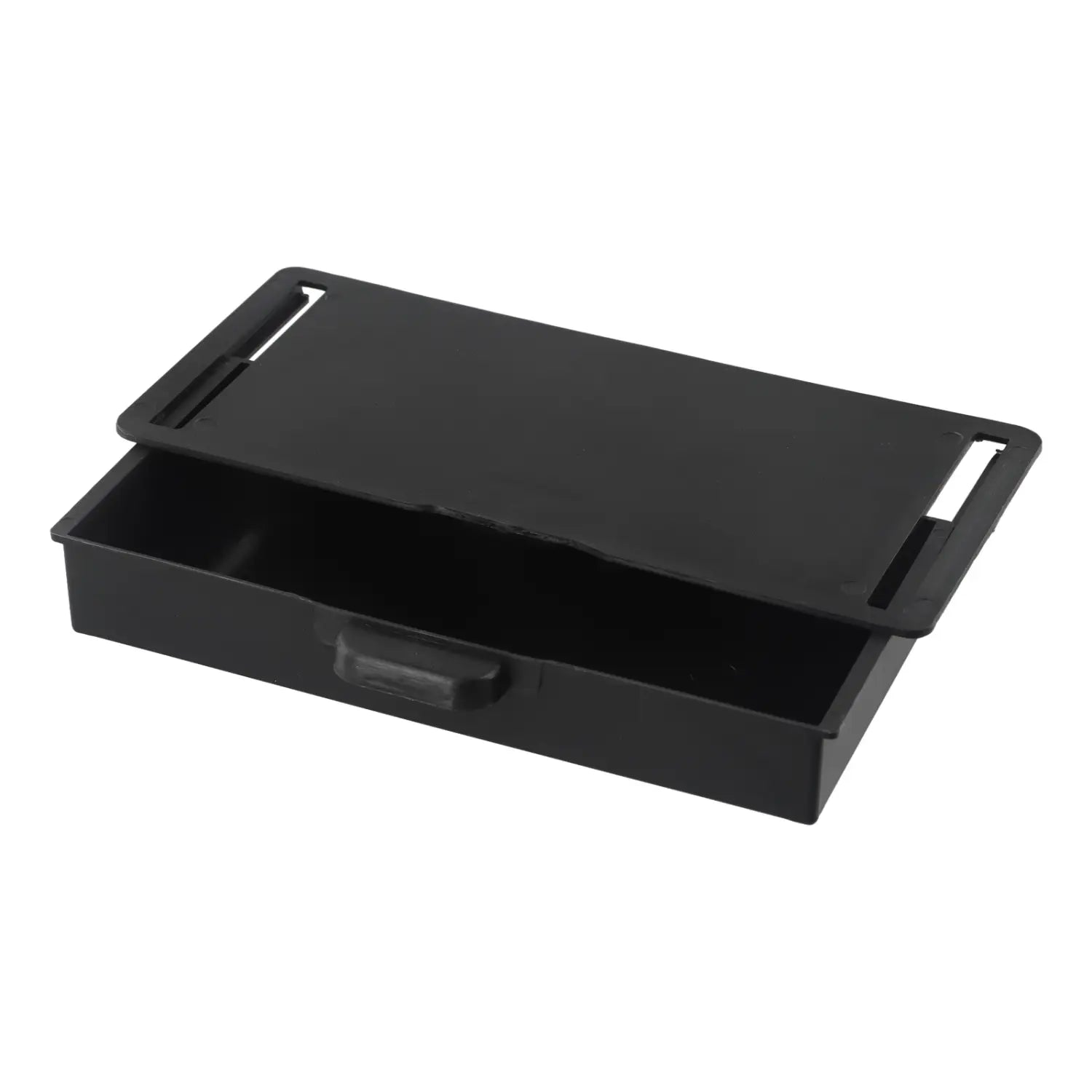 under desk drawer organizer abs storage box in black plastic with hinged lid and integrated handle for convenient under desk storage.
